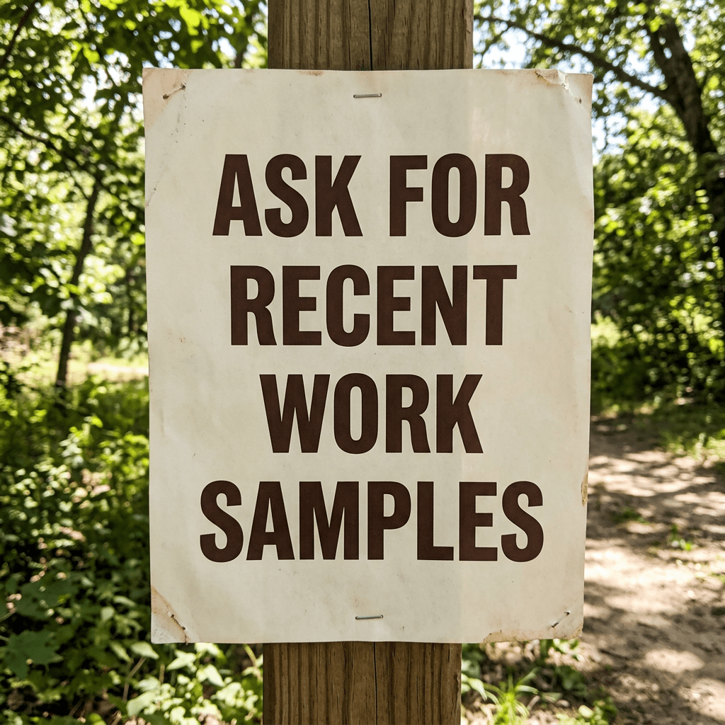 Sign with text 'ASK FOR RECENT WORK SAMPLES' mounted on wooden post